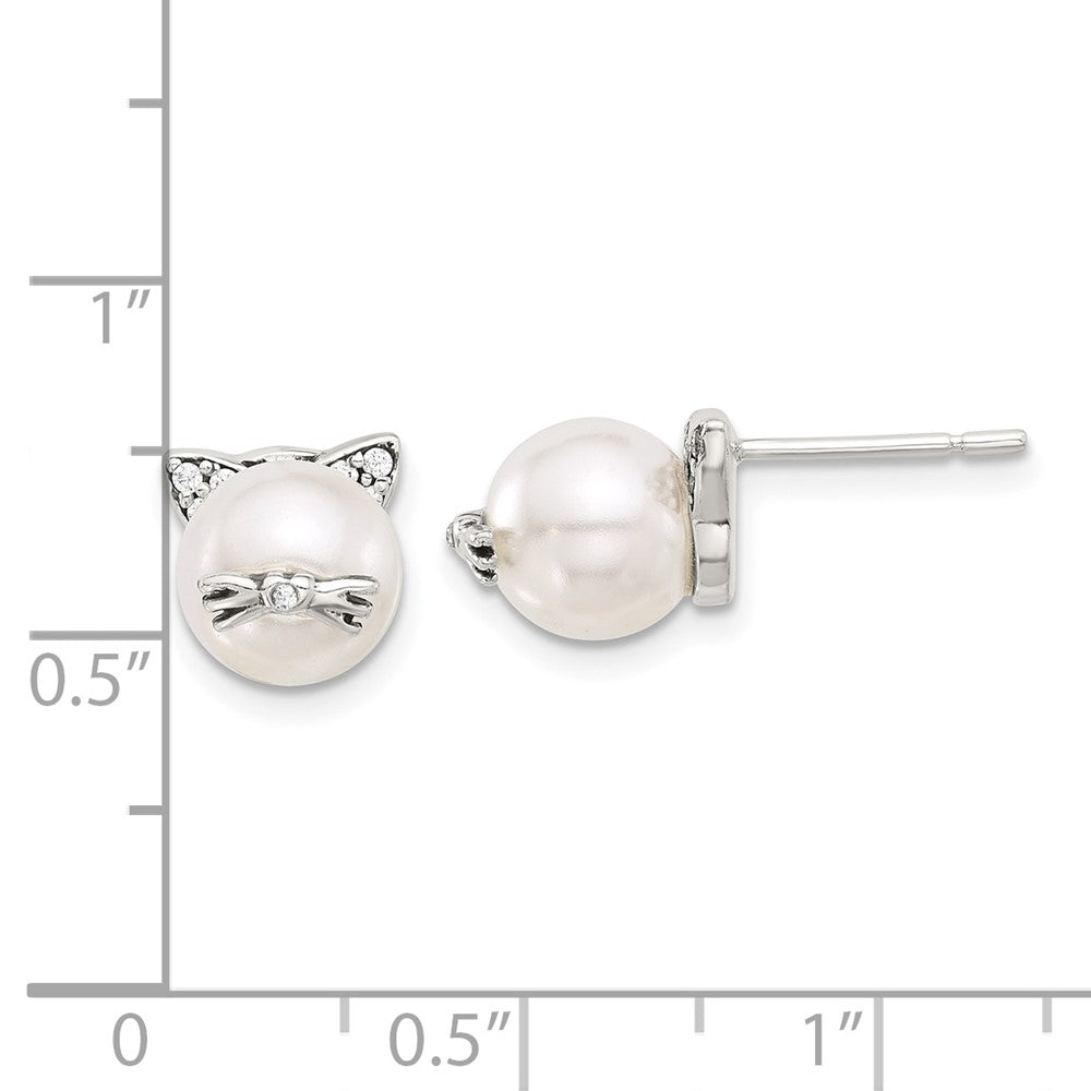 QE17583 Sterling Silver Polished and Antiqued CZ and Syn. Pearl Cat Post Earrings