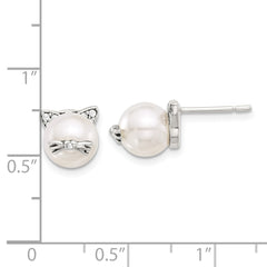 QE17583 Sterling Silver Polished and Antiqued CZ and Syn. Pearl Cat Post Earrings