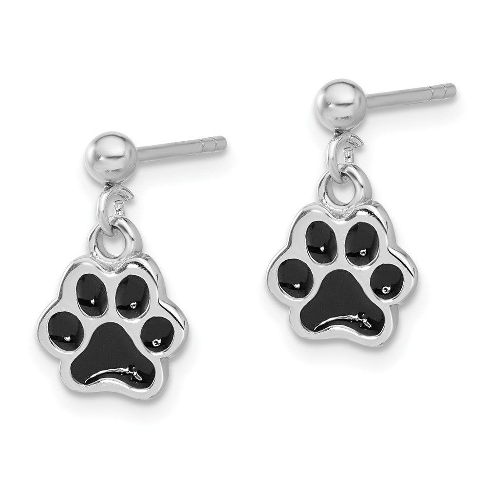 QE17587 Sterling Silver Rhodium-plated Enameled Dog Paw Post Dangle Earrings