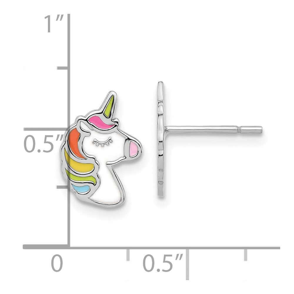 QE17592 Sterling Silver Rhodium-plated Polished Enameled Unicorn Post Earrings
