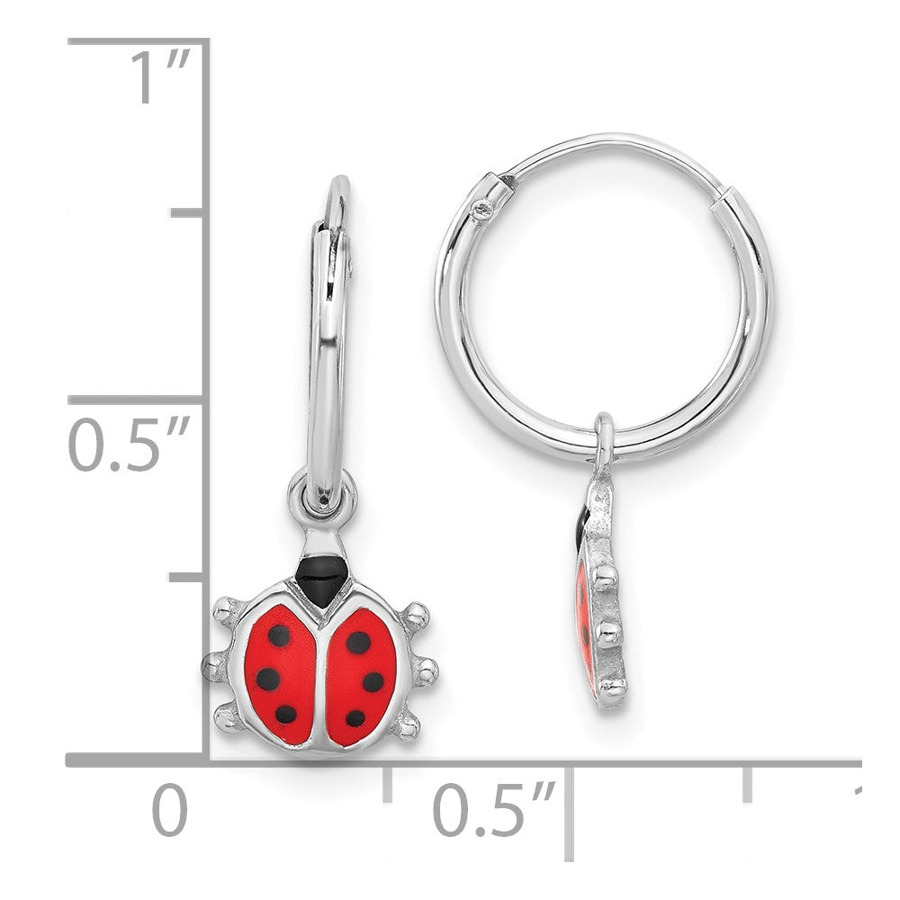 QE17617 Sterling Silver Rhodium-plated Madi K Enamel Ladybug Hoop Earrings