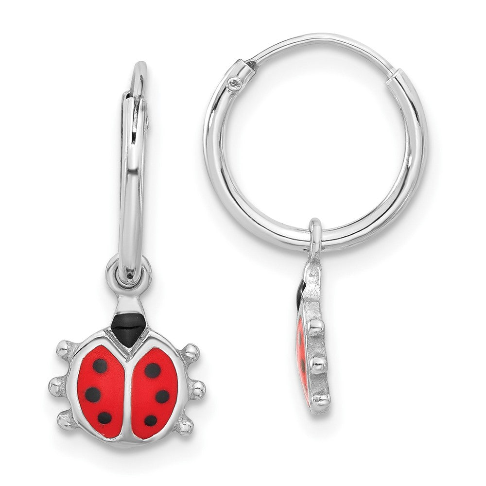 QE17617 Sterling Silver Rhodium-plated Madi K Enamel Ladybug Hoop Earrings