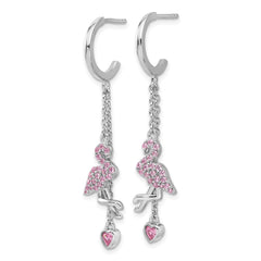 QE17621 Sterling Silver Rhodium-plated Pink CZ Flamingo Heart Post Hoop Earrings