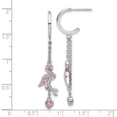 QE17621 Sterling Silver Rhodium-plated Pink CZ Flamingo Heart Post Hoop Earrings