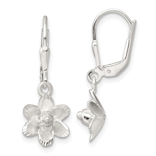 QE17642 Sterling Silver Satin Polished and D/C Floral Leverback Earrings