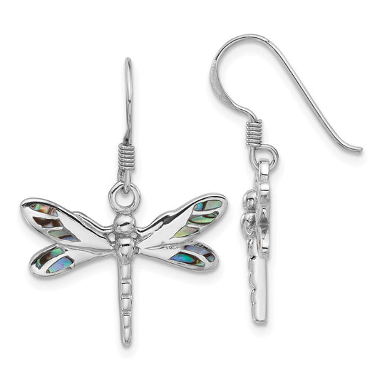 QE17654 Sterling Silver Rhodium-Plated Polished Abalone Dragonfly Earrings