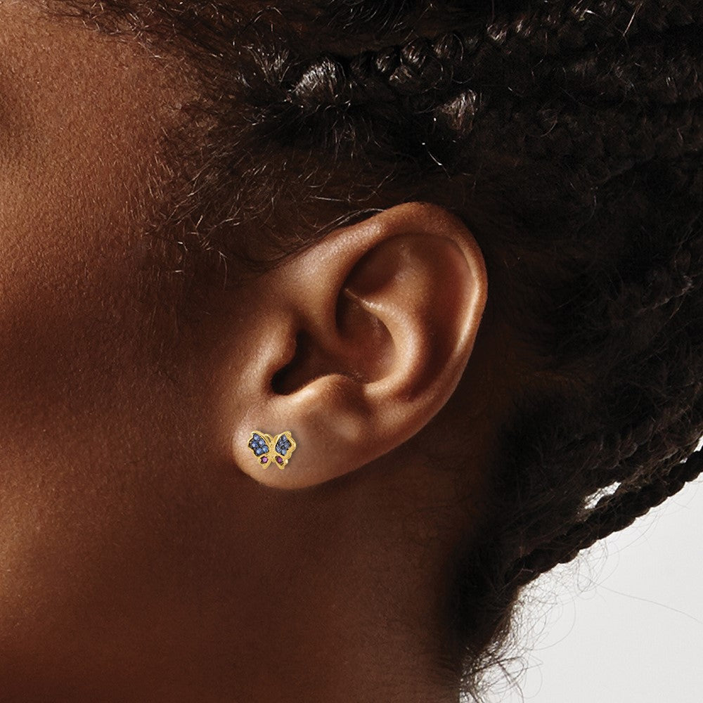 QE17659 SS Gold-tone Blk Rhod Blue Nano Crystal .04 Cr. Ruby Butterfly Earrings