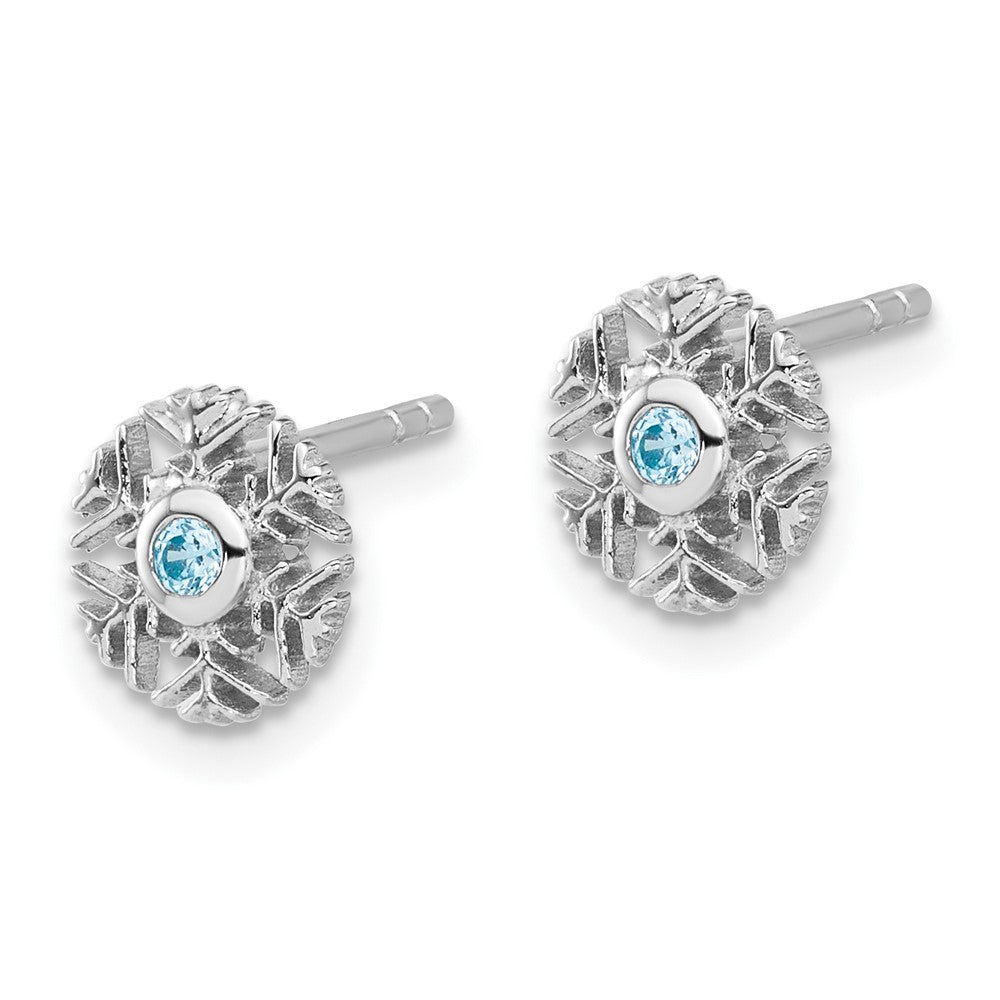 QE17673 Sterling Silver Rhodium-plated Aqua CZ Snowflake Post Earrings