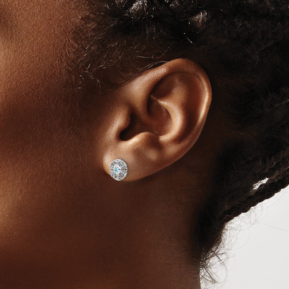 QE17673 Sterling Silver Rhodium-plated Aqua CZ Snowflake Post Earrings