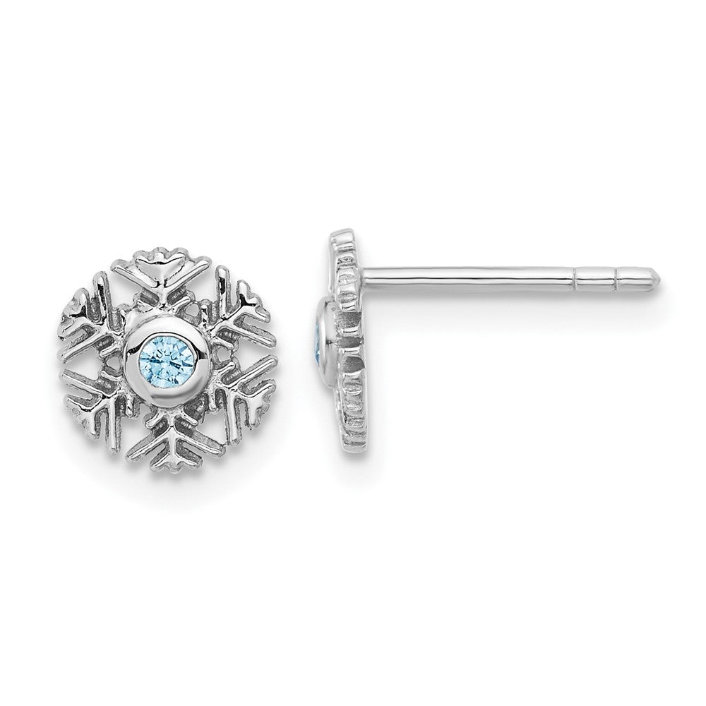 QE17673 Sterling Silver Rhodium-plated Aqua CZ Snowflake Post Earrings