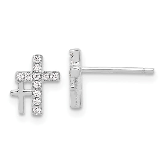 QE17681 Sterling Silver Rhodium-plated Polished CZ Double Cross Post Earrings