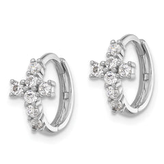 QE17683 Sterling Silver RH-plated Polished CZ Cross Hinged Round Hoop Earrings