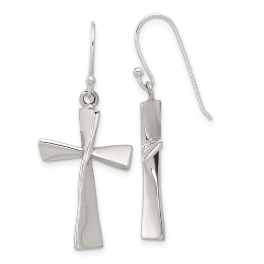 QE17684 Sterling Silver Polished Cross Dangle Earrings