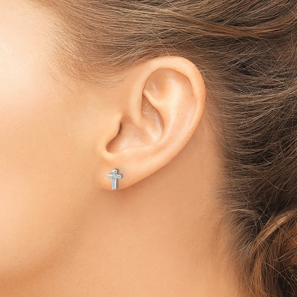 QE17685 Sterling Silver Rhodium-plated Polished CZ Cross Post Earrings