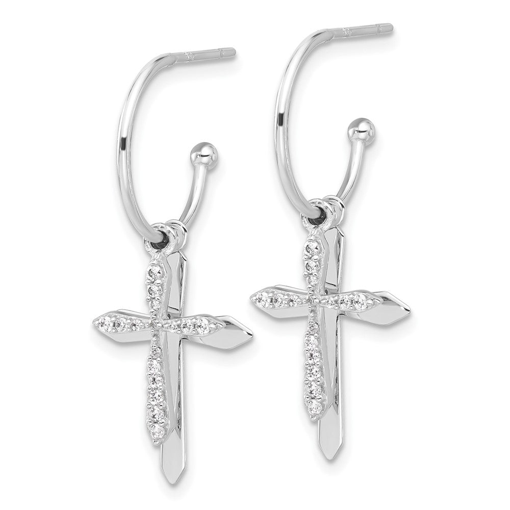 QE17687 Sterling Silver Polished CZ Cross Dangle Post C-Hoop Earrings