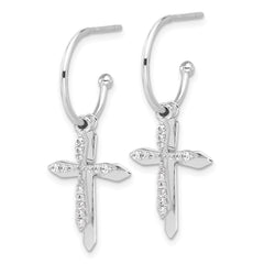 QE17687 Sterling Silver Polished CZ Cross Dangle Post C-Hoop Earrings
