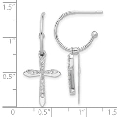 QE17687 Sterling Silver Polished CZ Cross Dangle Post C-Hoop Earrings