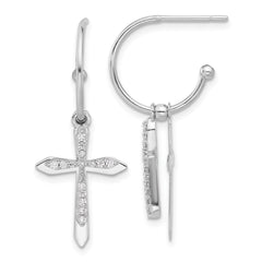 QE17687 Sterling Silver Polished CZ Cross Dangle Post C-Hoop Earrings