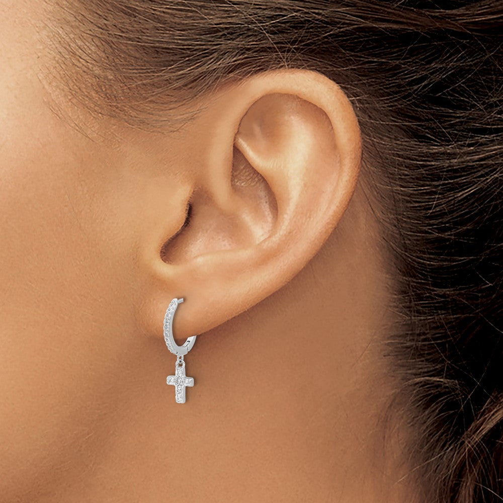 QE17688 Sterling Silver RH-plated Polished CZ Cross Dangle Round Hoop Earrings