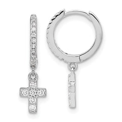 QE17688 Sterling Silver RH-plated Polished CZ Cross Dangle Round Hoop Earrings