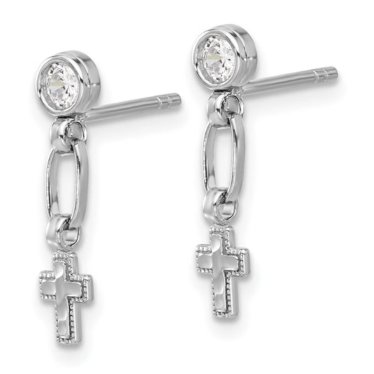 QE17692 Sterling Silver RH-plated Polished & Textured CZ Cross Post Dangle Earrings
