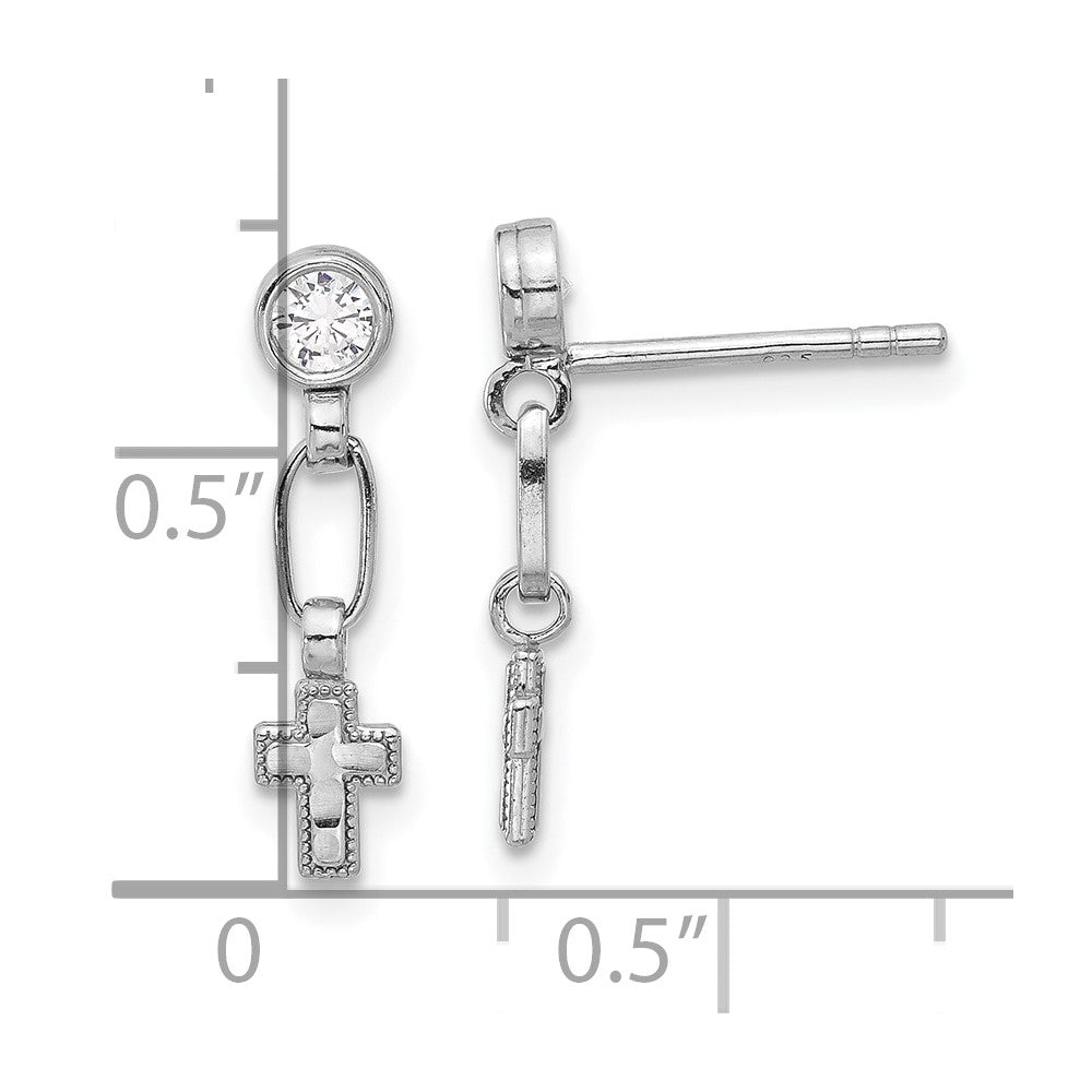 QE17692 Sterling Silver RH-plated Polished & Textured CZ Cross Post Dangle Earrings