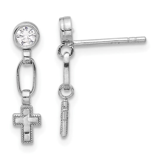 QE17692 Sterling Silver RH-plated Polished & Textured CZ Cross Post Dangle Earrings