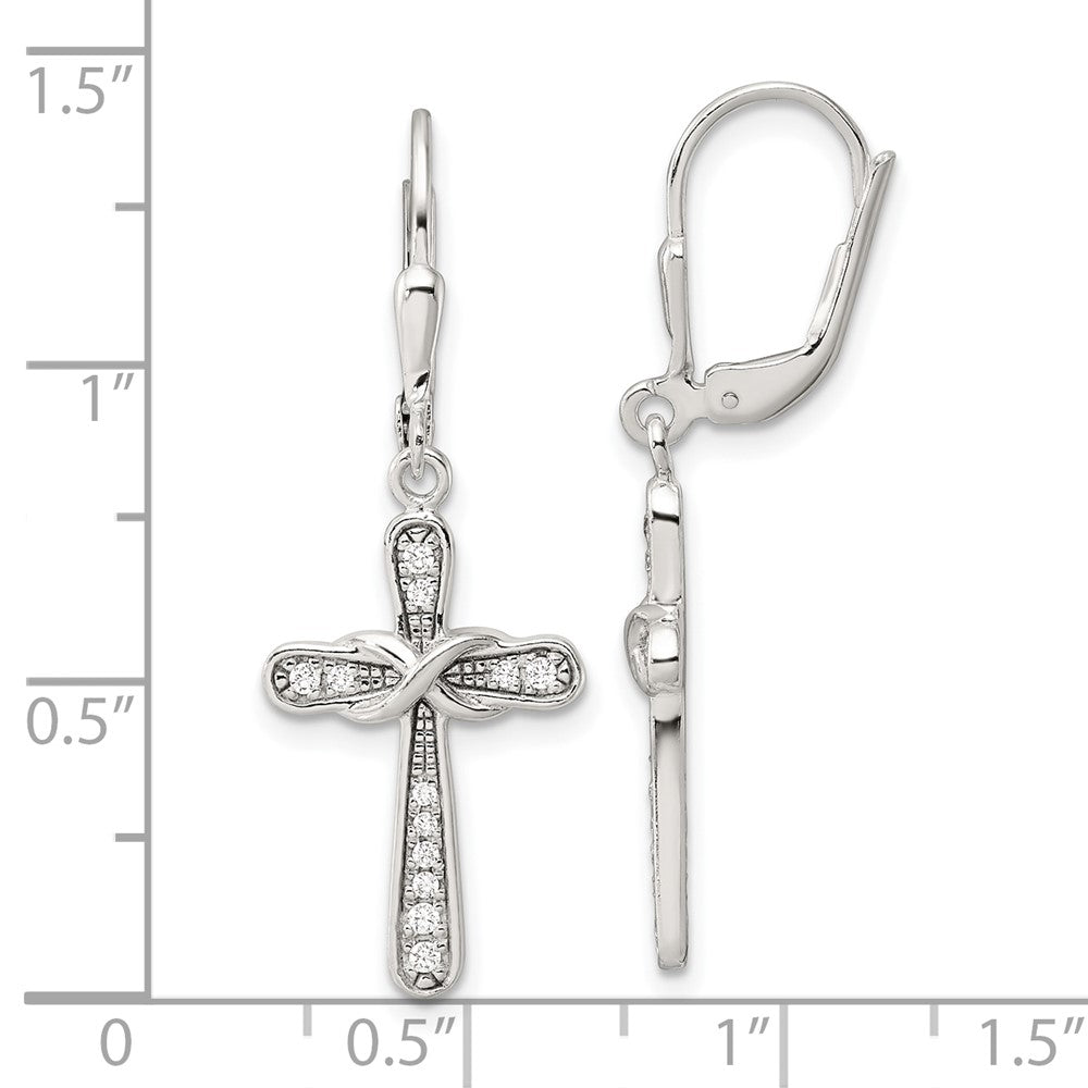 QE17696 Sterling Silver Polished CZ Infinity Cross Leverback Dangle Earrings