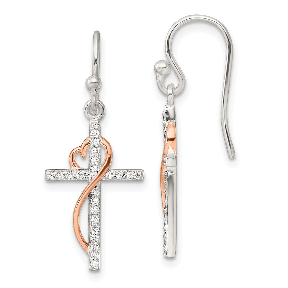 QE17697 Sterling Silver & Rose-tone Polished CZ Heart Cross Dangle Earrings