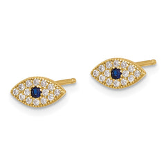 QE17699 Sterling Silver Gold-tone CZ & Synthetic Blue Spinel Evil Eye Post Earrings