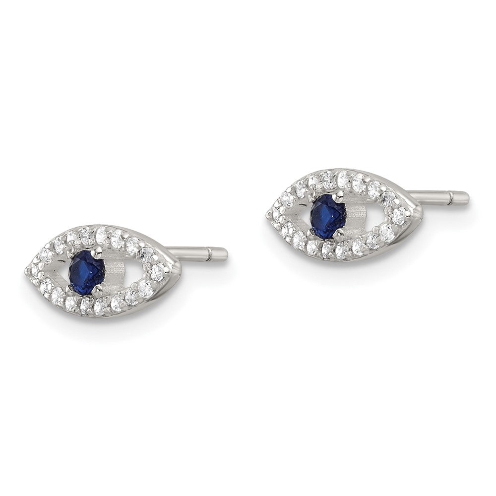 QE17700 Sterling Silver E-Coating Polished Blue & White CZ Evil Eye Post Earrings