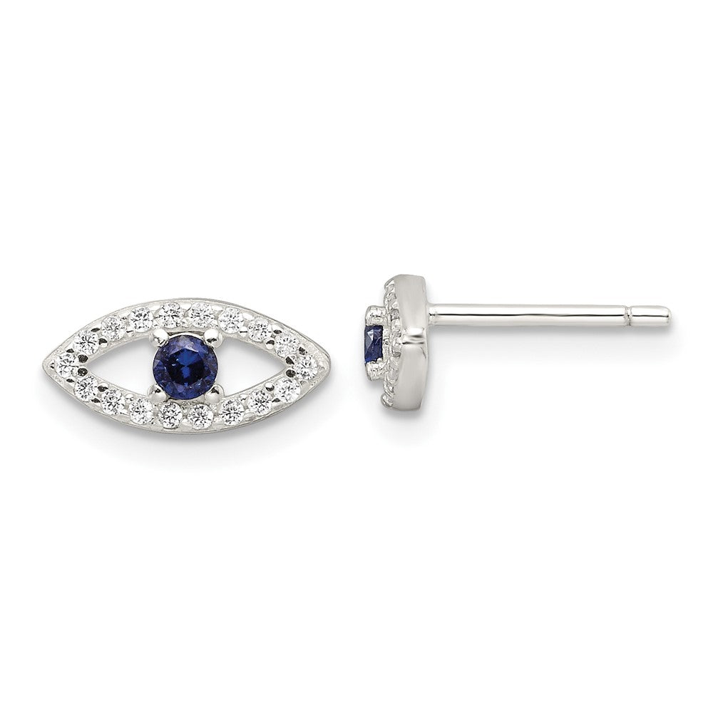 QE17700 Sterling Silver E-Coating Polished Blue & White CZ Evil Eye Post Earrings