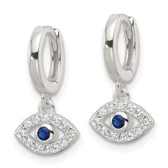 QE17702 Sterling Silver E-Coating Blue & White CZ Evil Eye Dangle Hoop Earrings