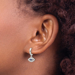 QE17702 Sterling Silver E-Coating Blue & White CZ Evil Eye Dangle Hoop Earrings