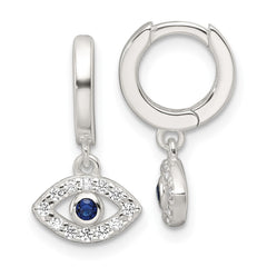 QE17702 Sterling Silver E-Coating Blue & White CZ Evil Eye Dangle Hoop Earrings