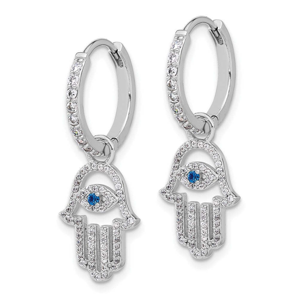 QE17704 Sterling Silver RH-pltd Blue/White CZ Evil Eye Hamsa Dangle Hoop Earrings