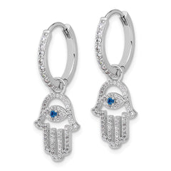 QE17704 Sterling Silver RH-pltd Blue/White CZ Evil Eye Hamsa Dangle Hoop Earrings