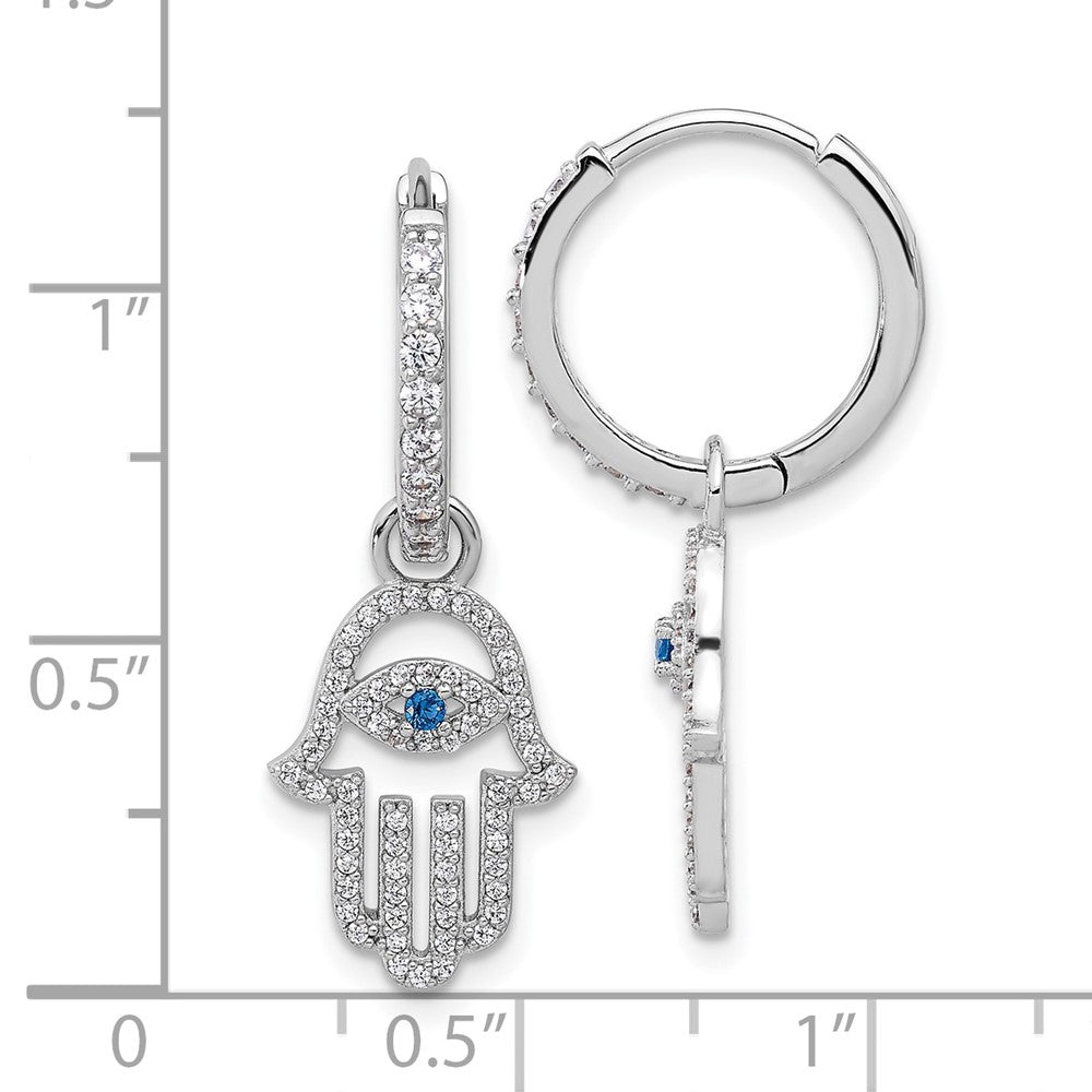 QE17704 Sterling Silver RH-pltd Blue/White CZ Evil Eye Hamsa Dangle Hoop Earrings