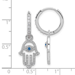 QE17704 Sterling Silver RH-pltd Blue/White CZ Evil Eye Hamsa Dangle Hoop Earrings