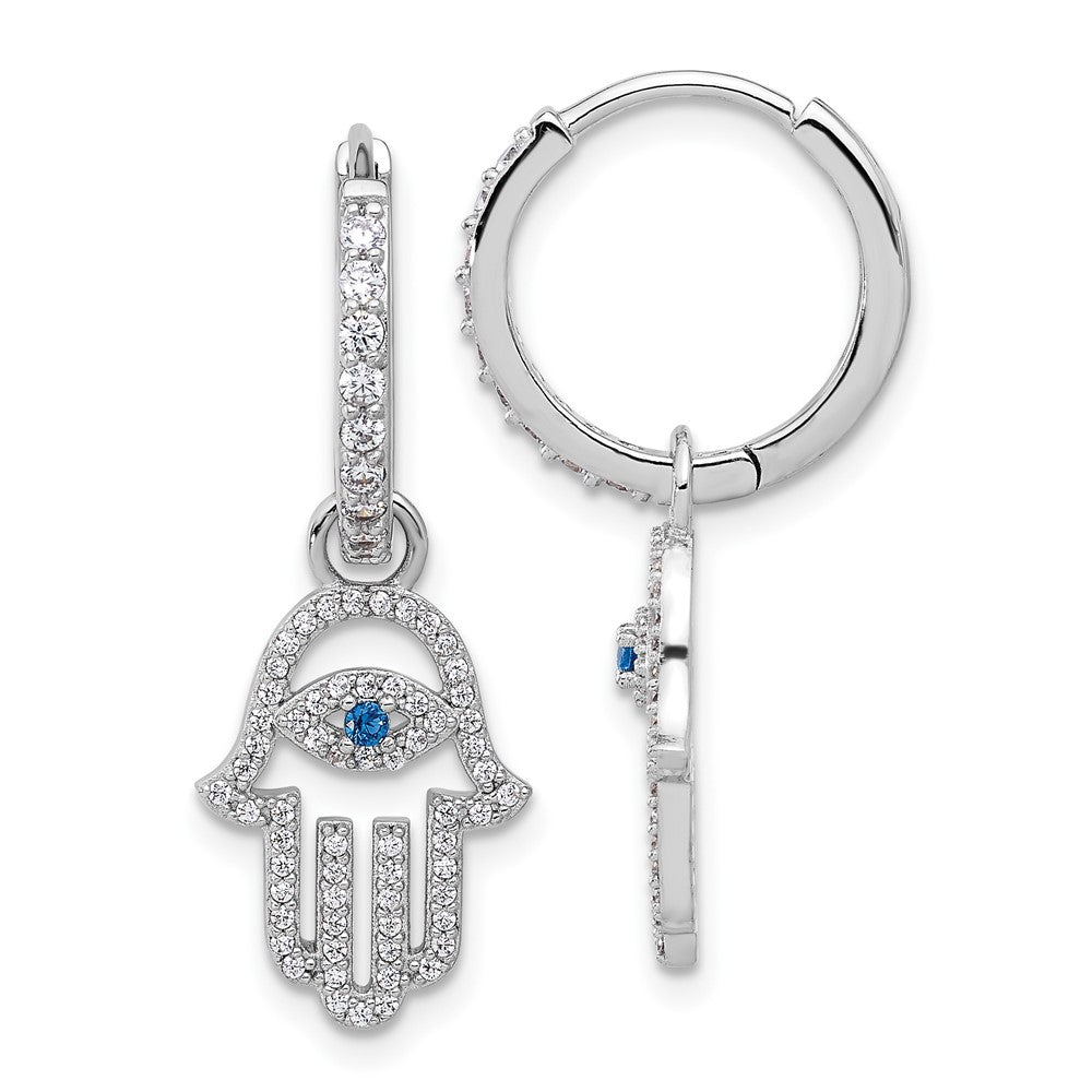 QE17704 Sterling Silver RH-pltd Blue/White CZ Evil Eye Hamsa Dangle Hoop Earrings