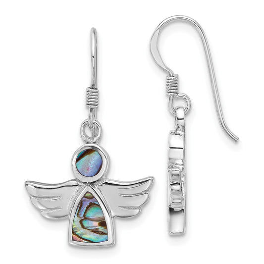 QE17708 Sterling Silver Rhodium-plated Polished Abalone Angel Dangle Earrings