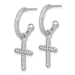 QE17711 Sterling Silver Polished CZ Dangle Cross Post C-Hoop Earrings