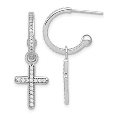QE17711 Sterling Silver Polished CZ Dangle Cross Post C-Hoop Earrings