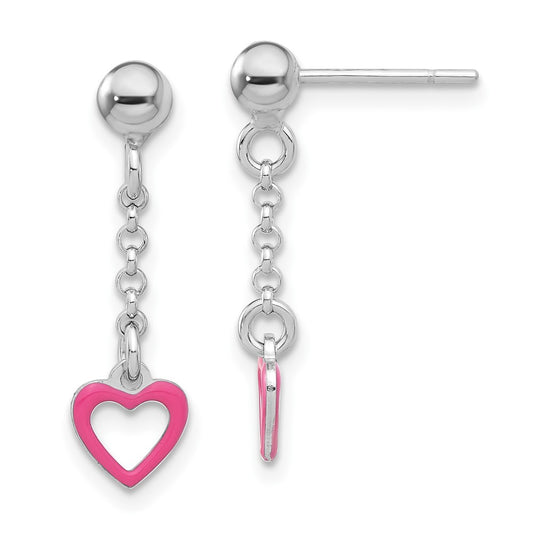 QE17715 Sterling Silver Madi K Polished Pink Enameled Heart Children's Post Dangle Earrings