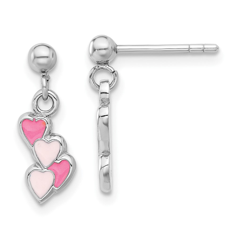 QE17716 Sterling Silver Rhodium-plated Pink Enameled Hearts Children's Post Dangle Earrings