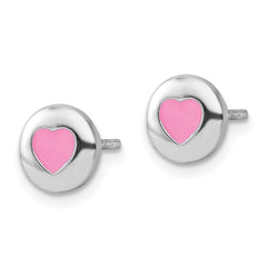 QE17717 Sterling Silver Rhodium-plated Pink Enameled Heart Circle Children's Post Earrings