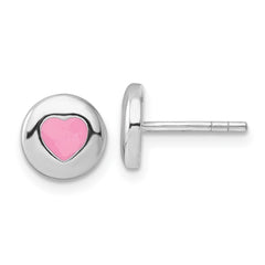 QE17717 Sterling Silver Rhodium-plated Pink Enameled Heart Circle Children's Post Earrings