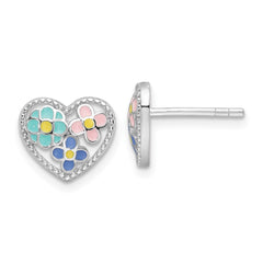 QE17718 Sterling Silver Rhodium-plated Polished & Beaded Multi-color Enameled Floral Heart Children's Post Earrings