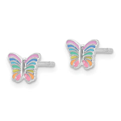 QE17720 Sterling Silver RH-plated Rainbow Enamel Butterfly Children's Post Earrings