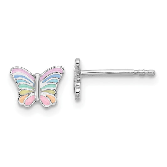 QE17720 Sterling Silver RH-plated Rainbow Enamel Butterfly Children's Post Earrings